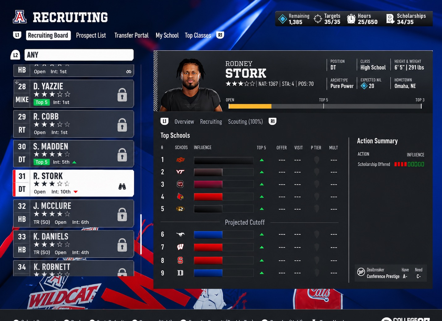 College Football 27 recruiting board for Rodney Stork showing nine schools ranked by influence with every OFFER cell reading dashes