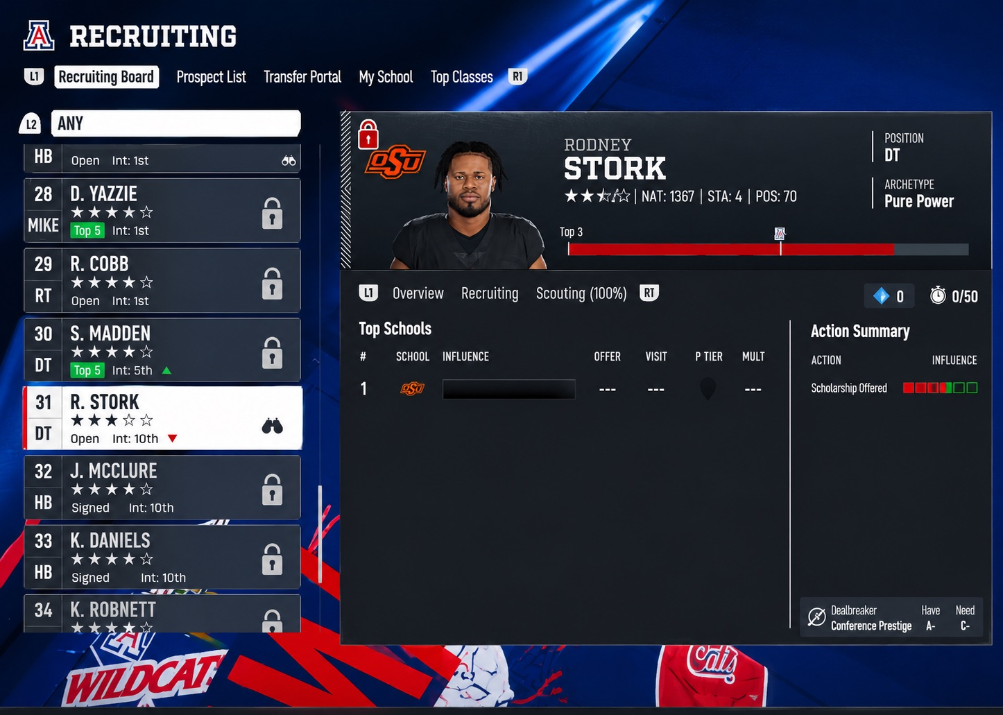 College Football 27 recruiting screen showing a scholarship offer registered on Rodney Stork in the Action Summary