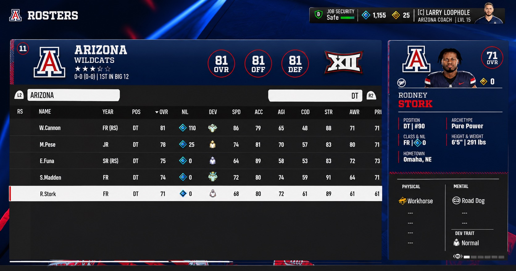 College Football 27 Arizona roster showing Rodney Stork as a freshman defensive tackle at 71 overall with 0 NIL